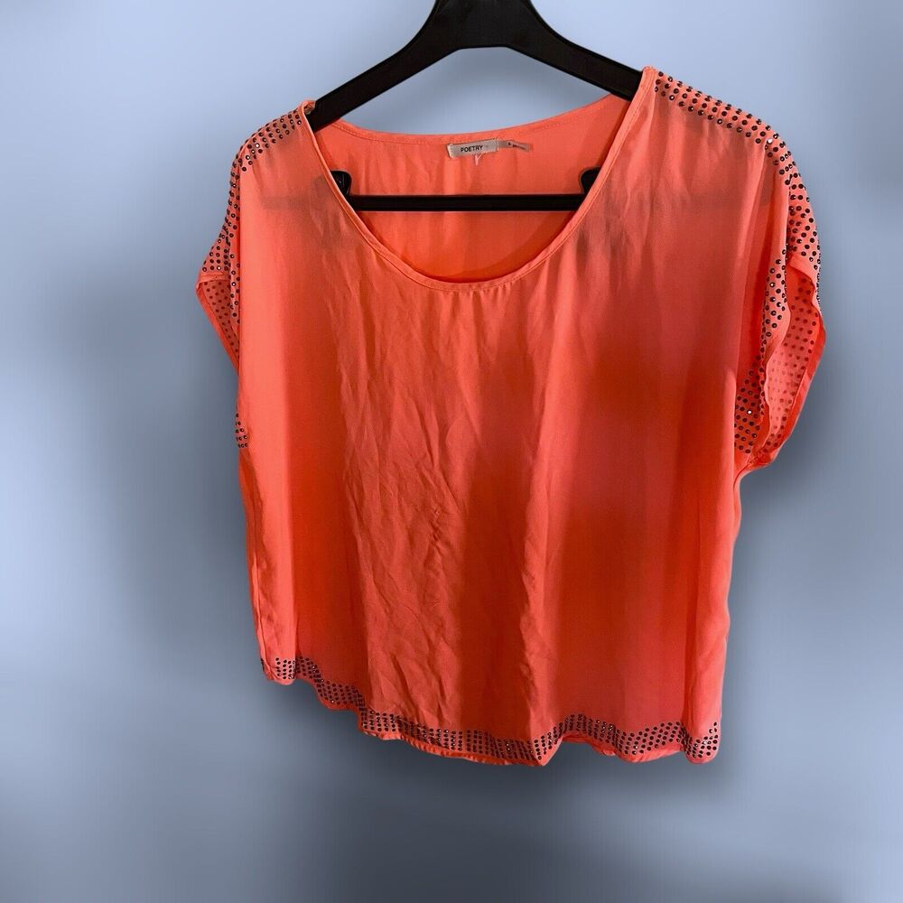 Coral Sheer Blouse with Metal Stud Accents on Sleeves Women's Short Sleeve Top